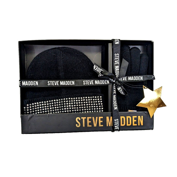Steve Madden Hat And Glove Set - Black bedazzled Sequin Beanie NEW - Picture 1 of 6